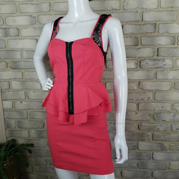 Charlotte Russe Dresses & Skirts - Peplum Dress Size M Black Lace Coral Peach